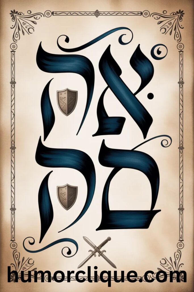 Hebrew warrior names with calligraphy showing biblical alternatives to Tristan including Oz Gibbor Eitan with meanings of strength