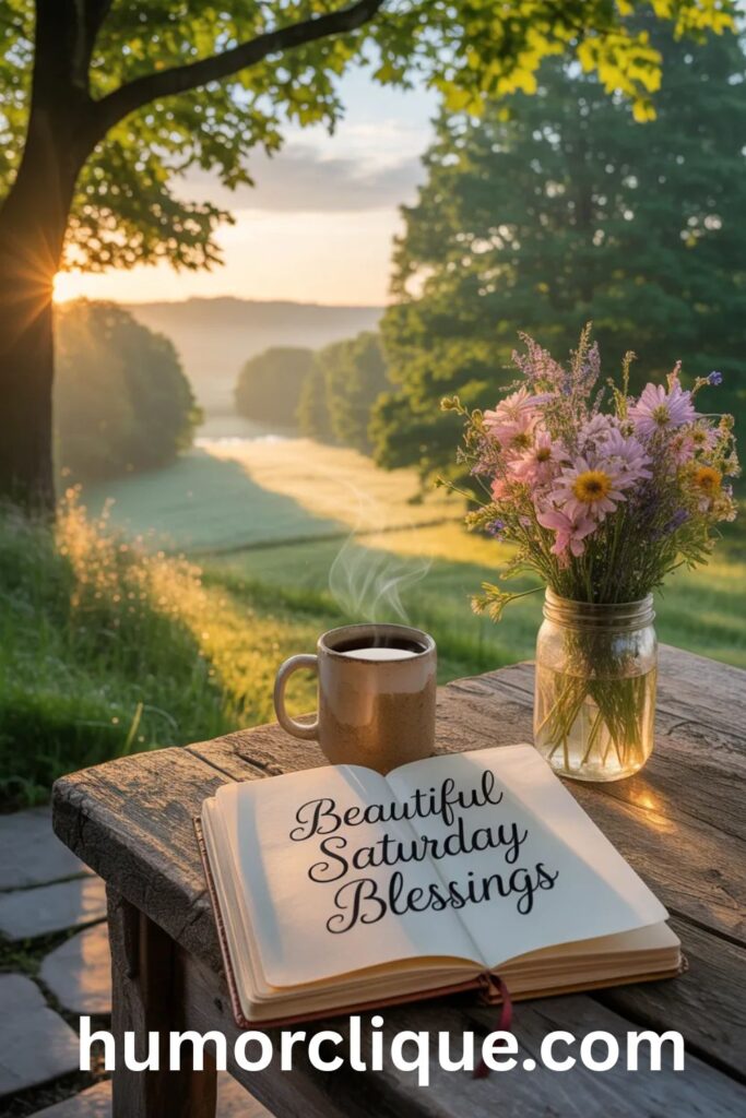 "A warm golden Saturday morning sunrise with wildflowers, coffee, and a journal on a rustic outdoor table, representing beautiful Saturday blessings and peaceful weekend inspiration."