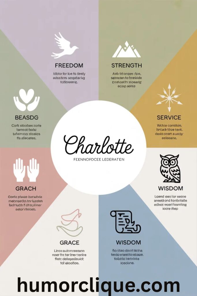 "Five spiritual themes embodied by the name Charlotte - freedom, strength, service, grace, and wisdom"