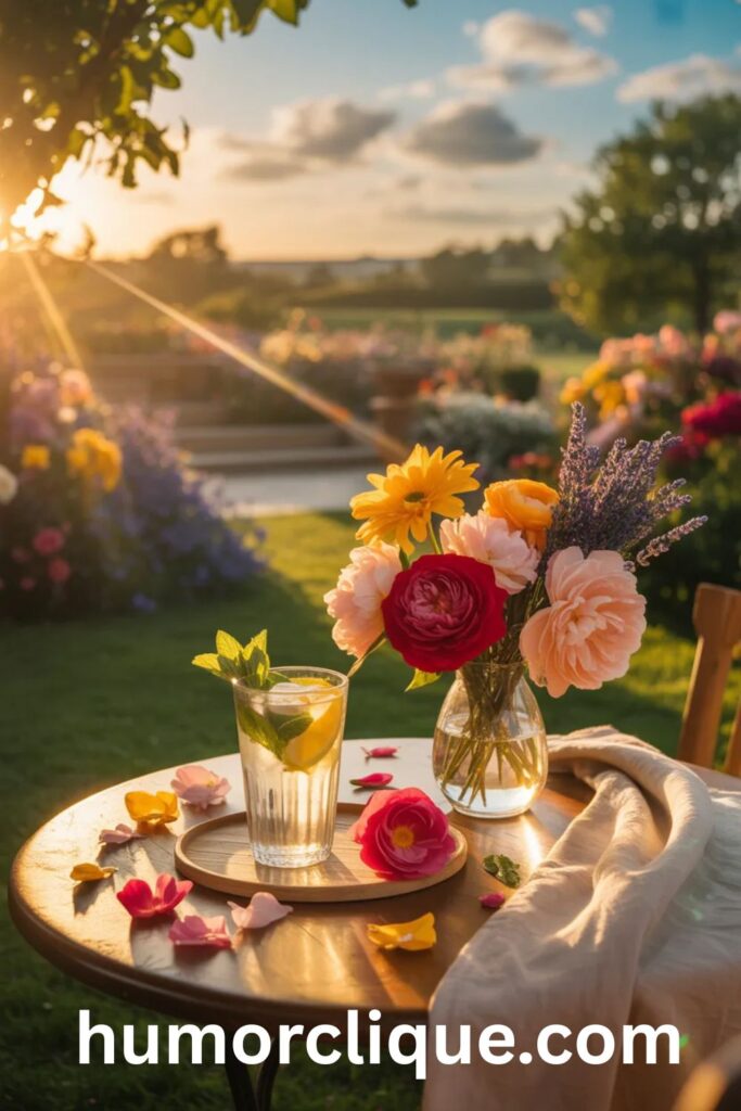 "A warm and colorful Saturday afternoon patio scene with vibrant roses, daisies, lemonade, and golden sunlight in a lush garden, beautifully representing Saturday afternoon blessings and peaceful weekend moments."