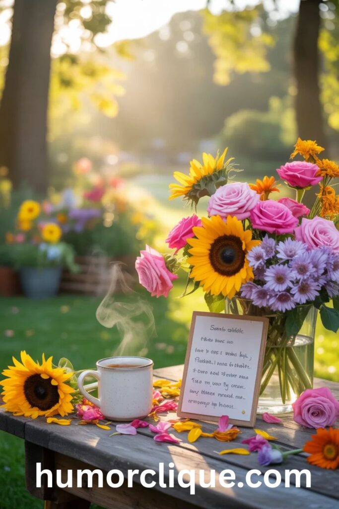 "A joyful Saturday morning garden scene with vibrant sunflowers, pink roses, and golden sunlight on a rustic table, perfectly representing happy Saturday blessings and uplifting weekend wishes."