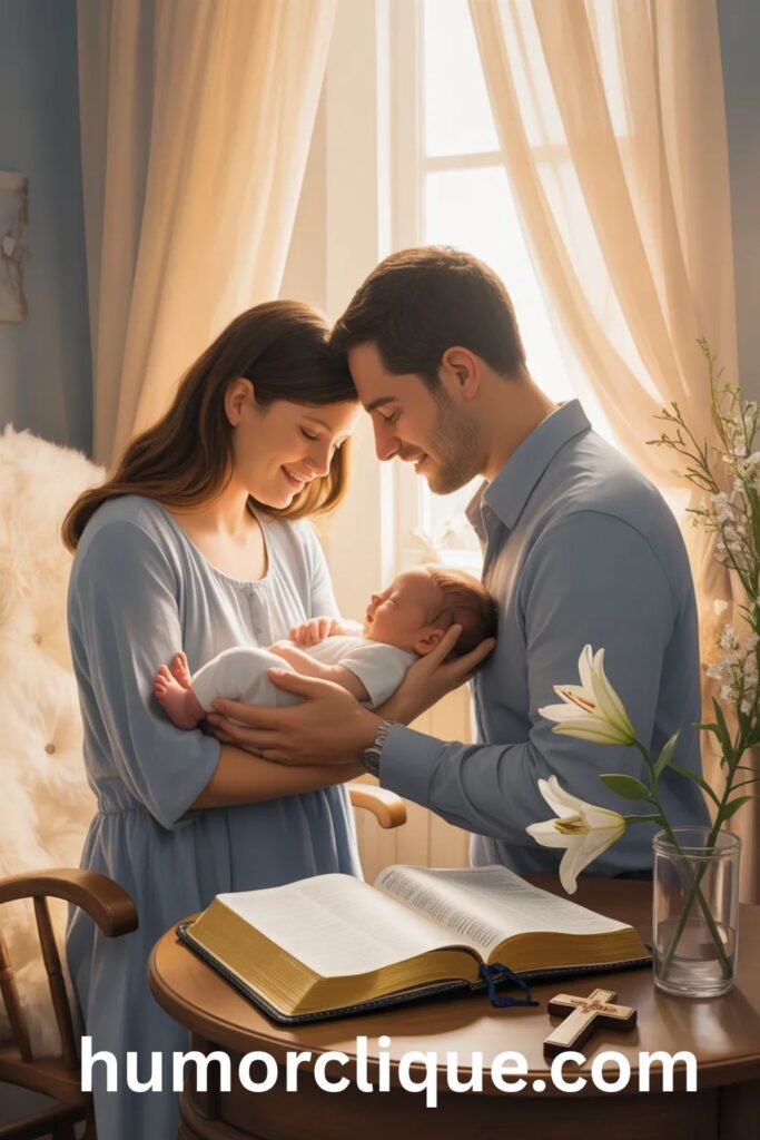 Christian parents praying over newborn baby with Bible representing faith-based decision making for choosing the name Tristan