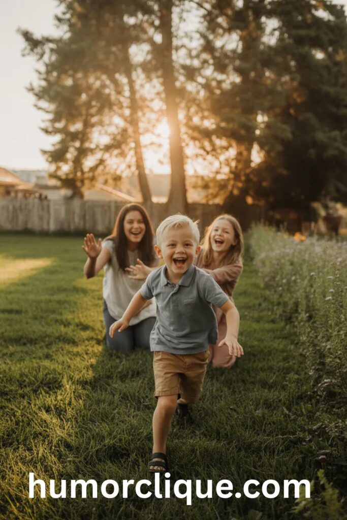 Joyful young boy running toward his laughing mother and sister in a golden sunlit backyard, capturing the warmth and belonging a nickname carries — the everyday love woven into a name like Tristan across every stage of life