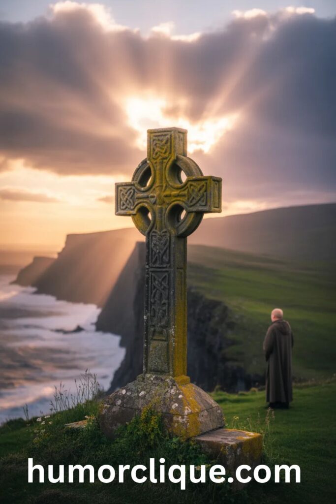 Ancient Celtic stone cross standing on Irish clifftop at golden hour with dramatic ocean backdrop, symbolizing the Celtic Christian tradition of faith forged through hardship and wilderness — representing the spiritual heritage behind the name Tristan