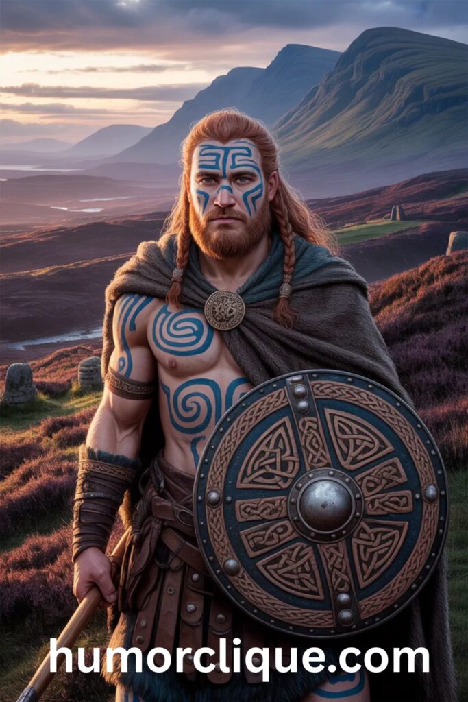 Ancient Celtic Pictish warrior on Scottish highlands representing the true origin of the name Tristan from Celtic culture not Hebrew