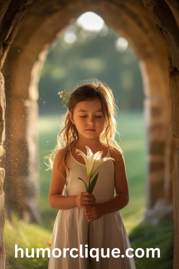 Young girl standing in golden light of an ancient stone church doorway holding a white lily, representing the spiritual meaning and feminine strength carried by the name Tristan for daughters — faith, sorrow transformed into beauty, and quiet courage