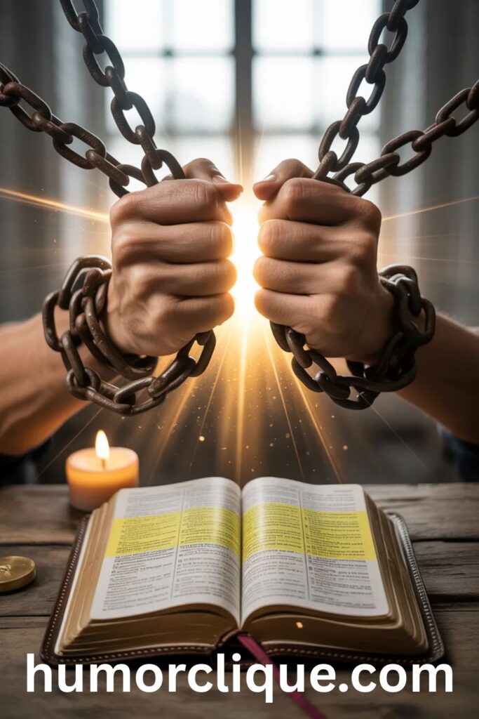 "Person's hands breaking free from manipulation chains with Bible verses providing divine spiritual freedom and God's protective light"