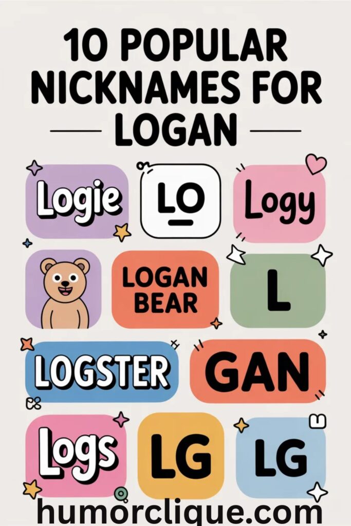 
Colorful infographic grid displaying 10 popular nicknames for Logan including Logie, Lo, Logy, and others, each styled with unique typography and design elements to match their personality