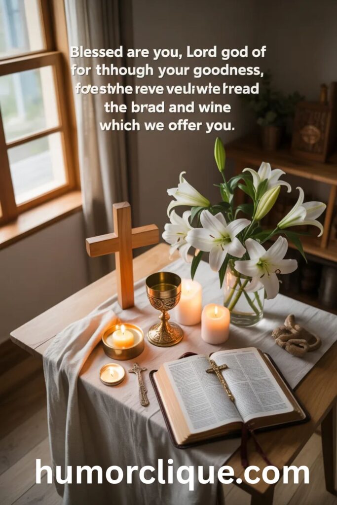 "Home altar setup for Holy Thursday celebration with white linen, wooden cross, lit candles, chalice, open Bible and fresh flowers in warm natural light"