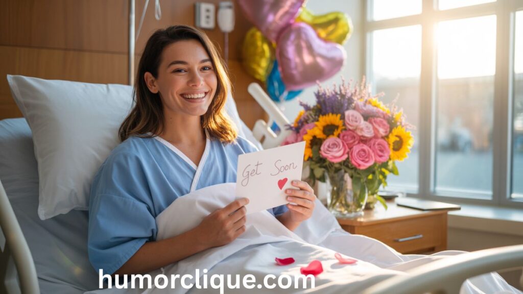 A smiling patient in a bright hospital room holding a get well soon card, surrounded by colorful flowers and balloons in warm golden light — representing hope, healing, and heartfelt recovery wishes.