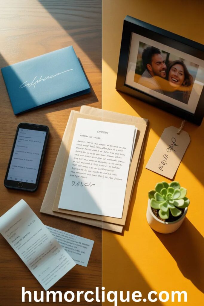 "Split composition showing contrast between impersonal belated birthday gestures on the left (generic card, text template, receipt) and thoughtful approaches on the right (handwritten letter, potted plant, framed photo) divided by warm sunlight"