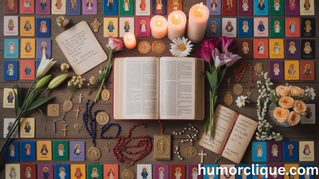 "Overhead view of extensive collection of colorful saint prayer cards, flowers, rosaries, medals, and reference book representing comprehensive guide to 50+ female saints for confirmation names"