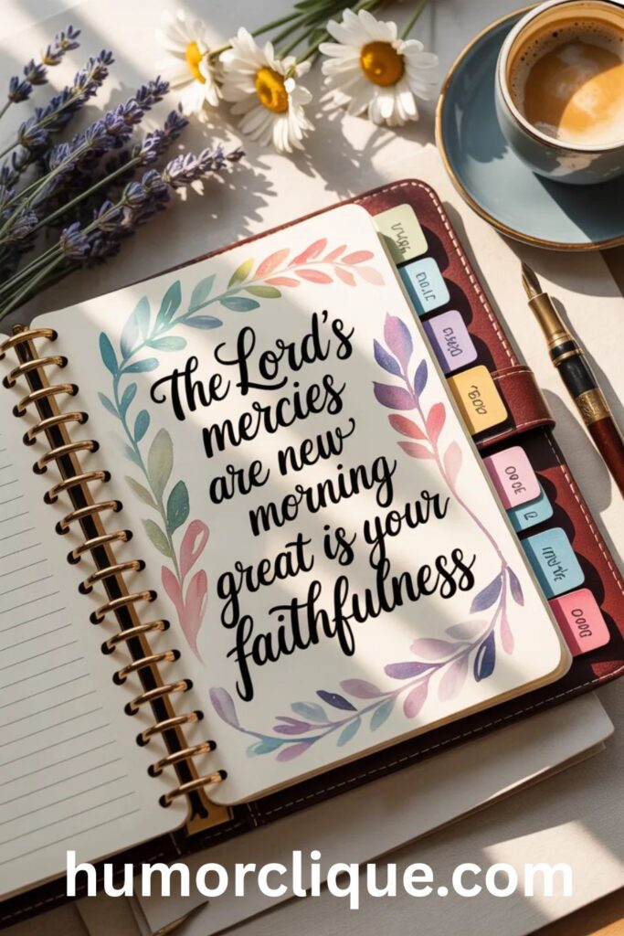 "Open prayer journal displaying Lamentations 3:22-23 about God's new mercies, surrounded by colorful category tabs, fresh flowers, and morning light, representing organized collection of powerful monthly prayers across different life categories"