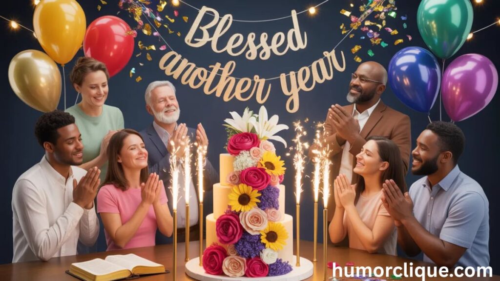 "A joyful diverse multigenerational family and friends group gathered in prayer and celebration around a magnificent five-tiered floral birthday cake with golden sparkler candles, an open Bible, colorful balloons, and confetti mid-air, capturing 70 heartfelt and powerful happy birthday prayers for family and friends."