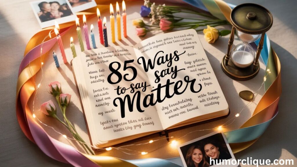"Open journal displaying '85 ways to say you matter' in calligraphy, surrounded by lit candles, fresh flowers, Polaroid photos, an hourglass, colorful ribbons, and fairy lights on a textured surface in warm golden lighting"