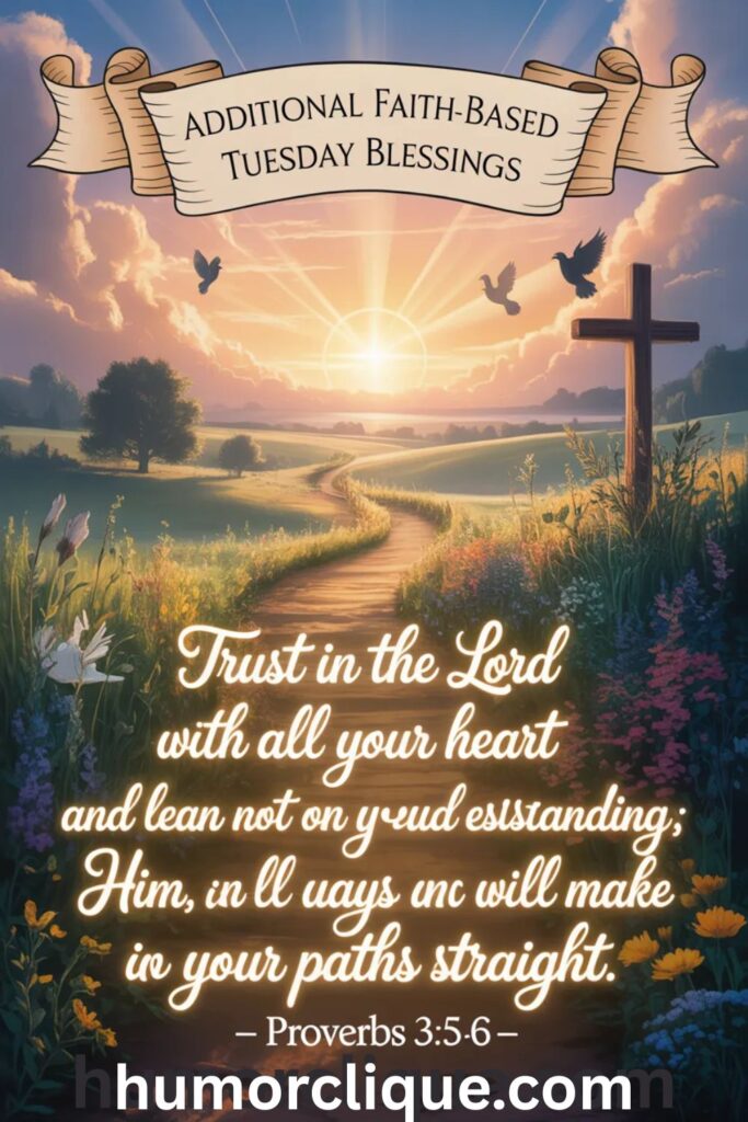 Additional faith-based Tuesday blessings with Proverbs 3:5-6 trust scripture and peaceful path with divine light
