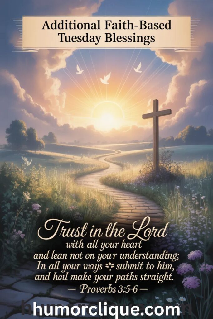 Additional faith-based Tuesday blessings with Proverbs 3:5-6 trust scripture and peaceful path with divine light