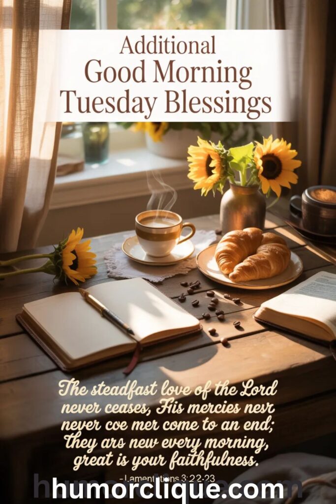 Additional good morning Tuesday blessings with Lamentations 3:22-23 featuring peaceful breakfast scene and morning inspiration