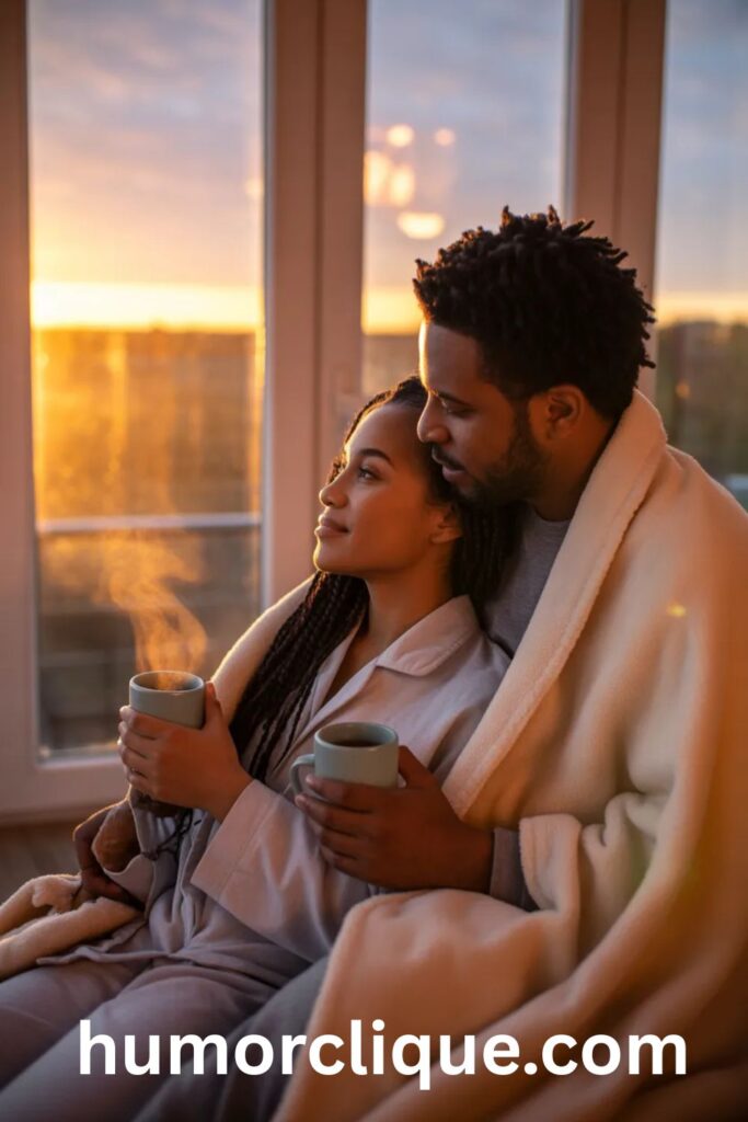 "African American couple embracing lovingly while watching sunrise together, representing the romantic affection and devotion expressed in good morning quotes for him or her"