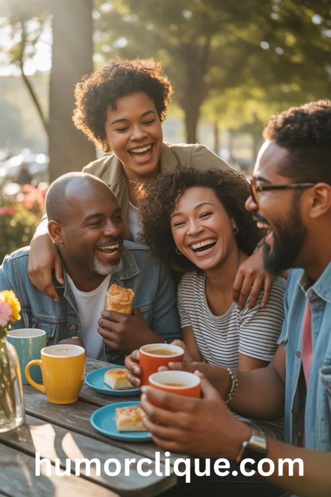 "Group of African American friends sharing laughter and breakfast together in warm morning sunlight, embodying the uplifting encouragement and joy expressed in good morning quotes for friends"
