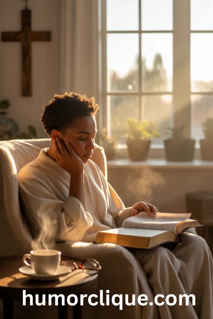 "African American person in peaceful morning Bible study with divine sunlight streaming through window over open scripture, representing the faith-filled inspiration of good morning quotes combined with Bible verses"