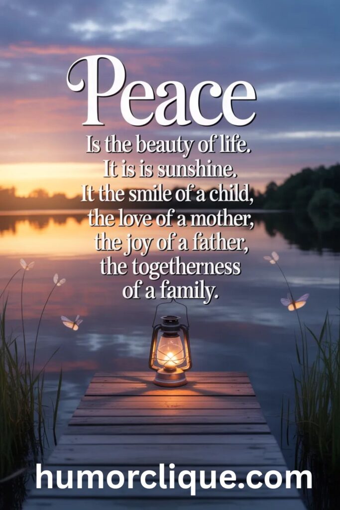 "Peaceful sunset over calm lake with wooden dock and glowing lantern, featuring inspirational peace quote for Friday night blessings"
