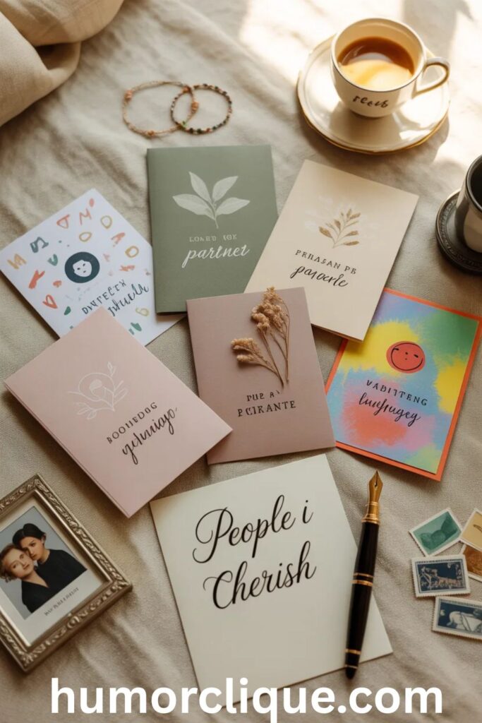 "Overhead view of diverse greeting cards arranged in a circle around a handwritten note and fountain pen, surrounded by personal mementos including photos, a friendship bracelet, and coffee cups, representing different relationship types"