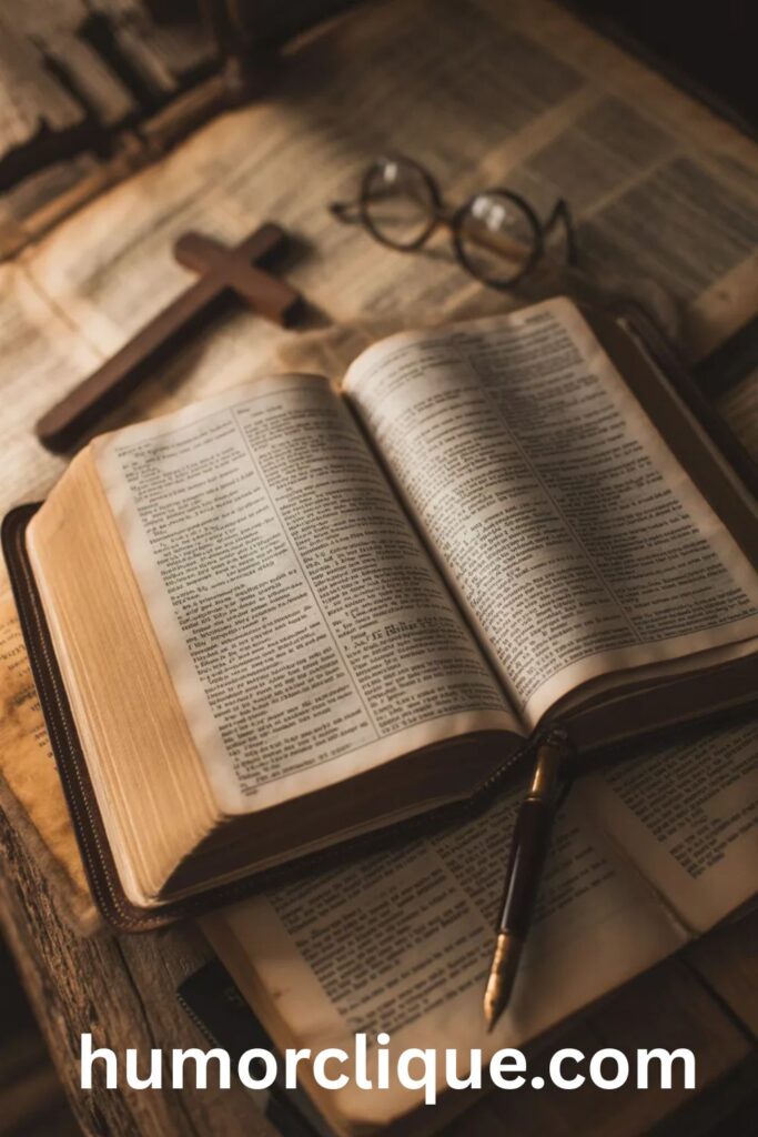 "Open vintage Bible on wooden table with warm light illuminating scripture pages, wooden cross, and reading glasses for Holy Thursday biblical study and reflection"