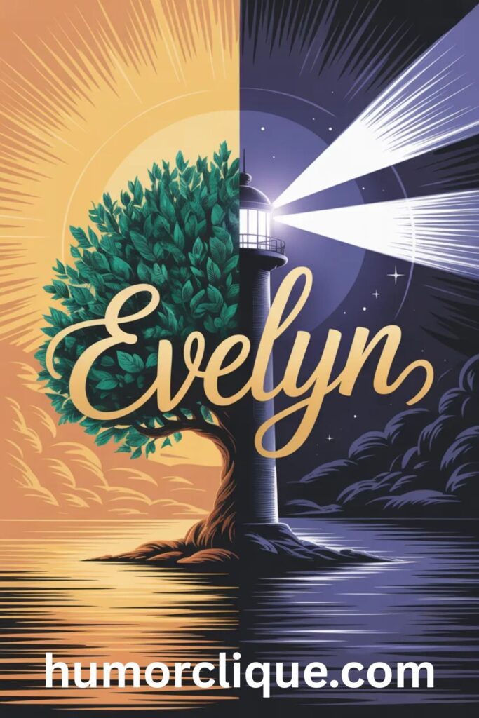 Artistic representation of biblical themes in Evelyn showing tree of life and lighthouse representing life and light
