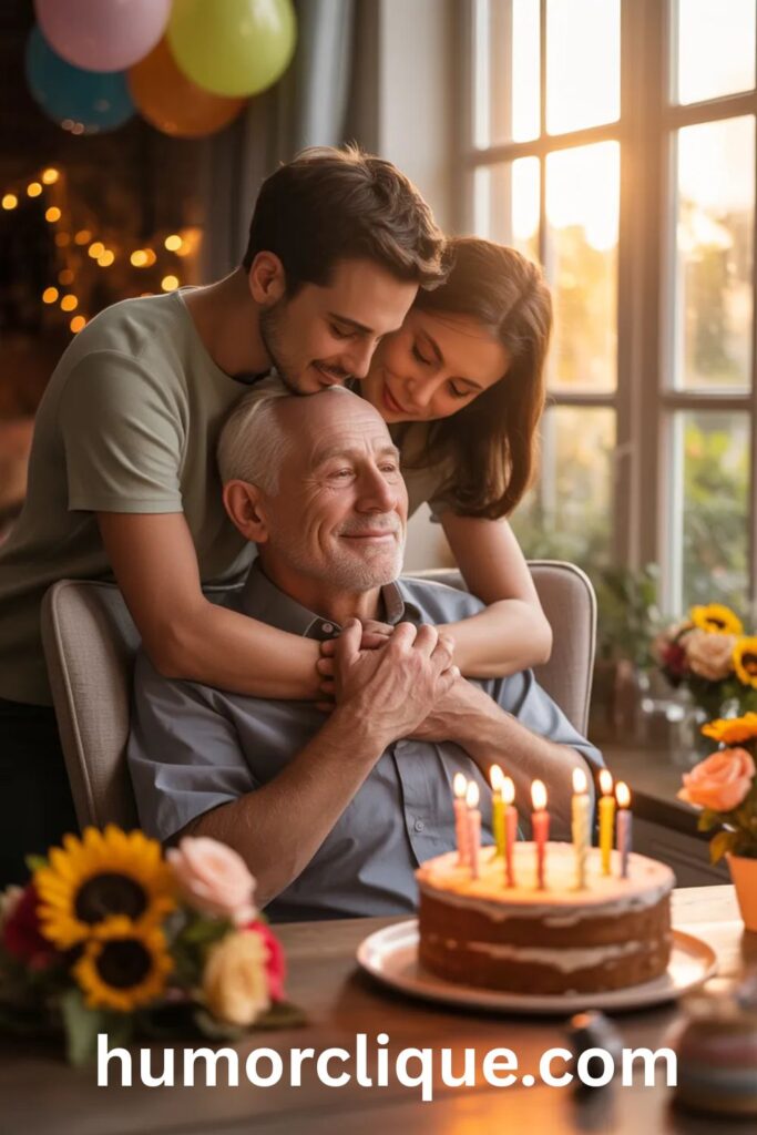 "An adult child lovingly embracing their elderly father near a glowing birthday cake with candles and sunflowers, sharing a heartfelt and prayerful birthday moment in warm golden light."


