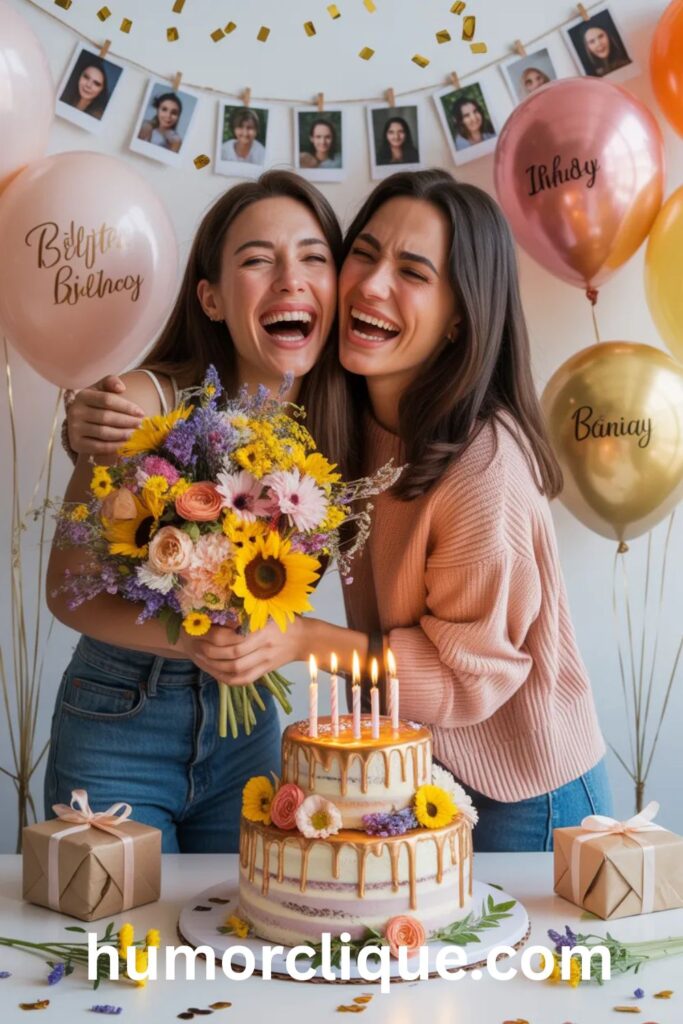 "Two best friends sharing a joyful teary bear hug beside a gold-drip floral birthday cake with sparkling candles, colorful balloons, and polaroid friendship photos strung with fairy lights in the background, celebrating a heartfelt birthday prayer for a best friend."

