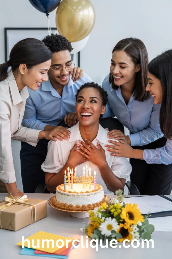 "A diverse group of smiling coworkers gathered around a colleague's decorated office desk with a glowing birthday cake, fresh flowers, and gold balloons in a bright modern office, celebrating a sincere and heartfelt birthday prayer for a coworker."

