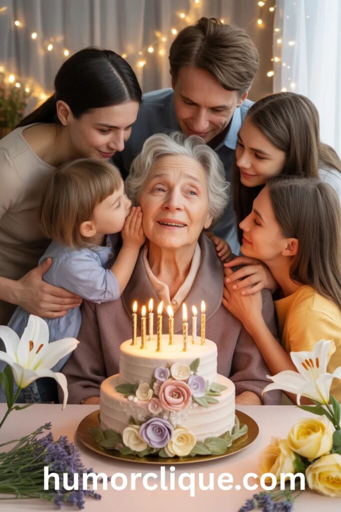 "An elderly grandparent surrounded by loving grandchildren and family in a warm golden birthday setting with an elegant floral cake and glowing candles, sharing a heartfelt and prayerful birthday celebration for a grandmother or grandfather."

