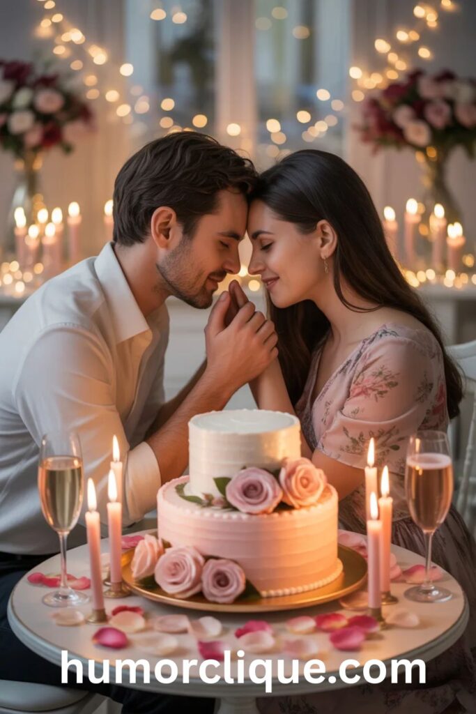 "A loving couple sharing a tender forehead-to-forehead moment beside a rose-decorated birthday cake with glowing candles and fairy lights, celebrating a heartfelt birthday prayer for a husband or wife."

