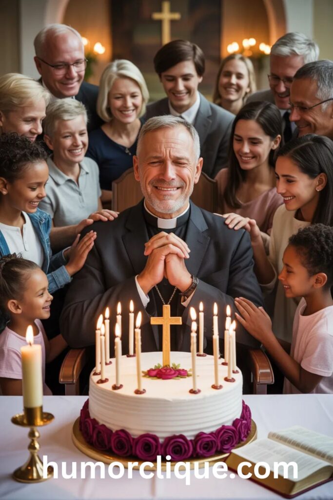 "A beloved pastor with tears of joy sitting in a decorated church chair surrounded by a loving diverse congregation with hands raised in blessing, beside a white and gold birthday cake with a cross emblem and open Bible, celebrating a heartfelt birthday prayer for a pastor."

