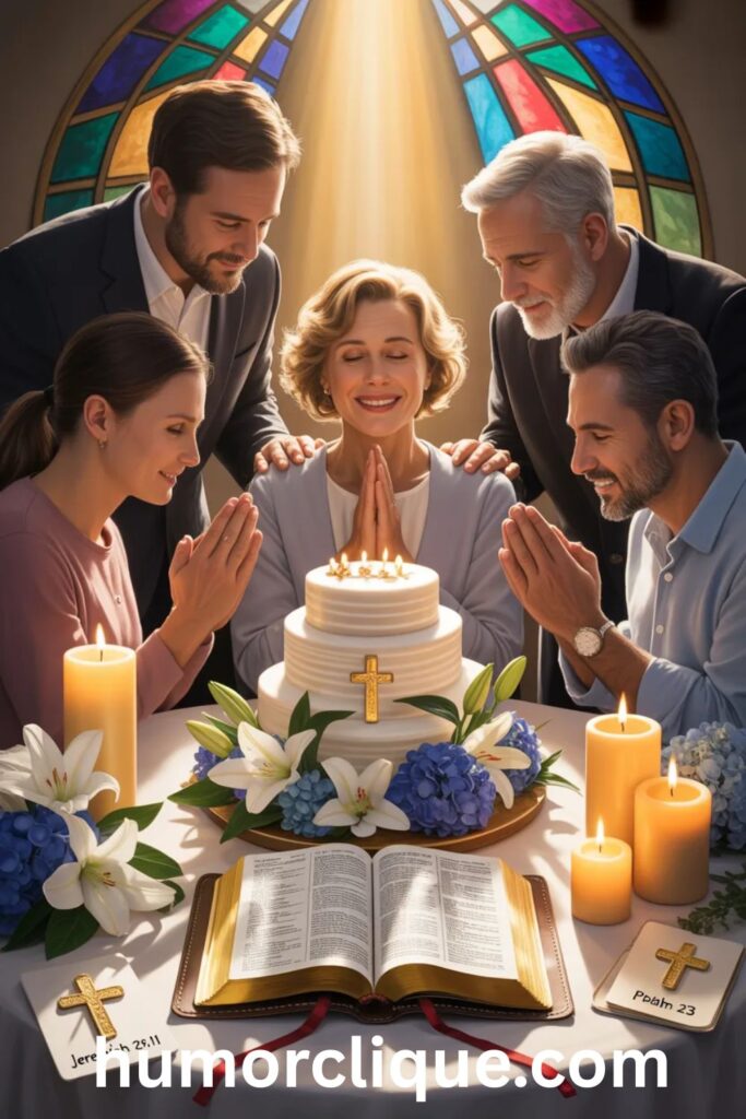 "A multigenerational diverse family holding hands in prayer around a beautifully decorated birthday table with an open Bible illuminated by golden light, a white floral three-tiered cake with glowing candles, and handwritten Bible verse cards, celebrating heartfelt birthday prayers with Bible verses."

