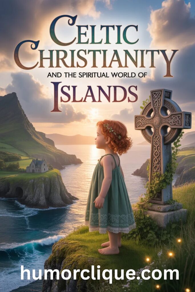 
"A wonder-filled little girl standing on a mystical Celtic island cliff beside an ancient glowing stone cross at golden hour, with colorful elegant text reading 'Celtic Christianity and the Spiritual World of Islands' — capturing the sacred spiritual heritage of Celtic Christian island life."