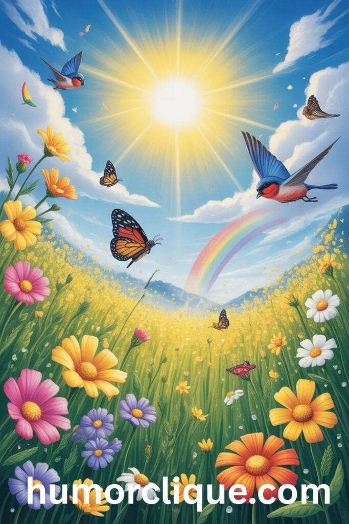 "Vibrant cheerful Tuesday morning scene with sunlit meadow full of colorful wildflowers in yellows, oranges, pinks and purples, brilliant blue sky with fluffy clouds, golden sunshine rays, playful butterflies, songbirds in flight, gentle rainbow arc, sparkling dewdrops, energetic joyful atmosphere - inspired by Biblical blessing about joy being strength"