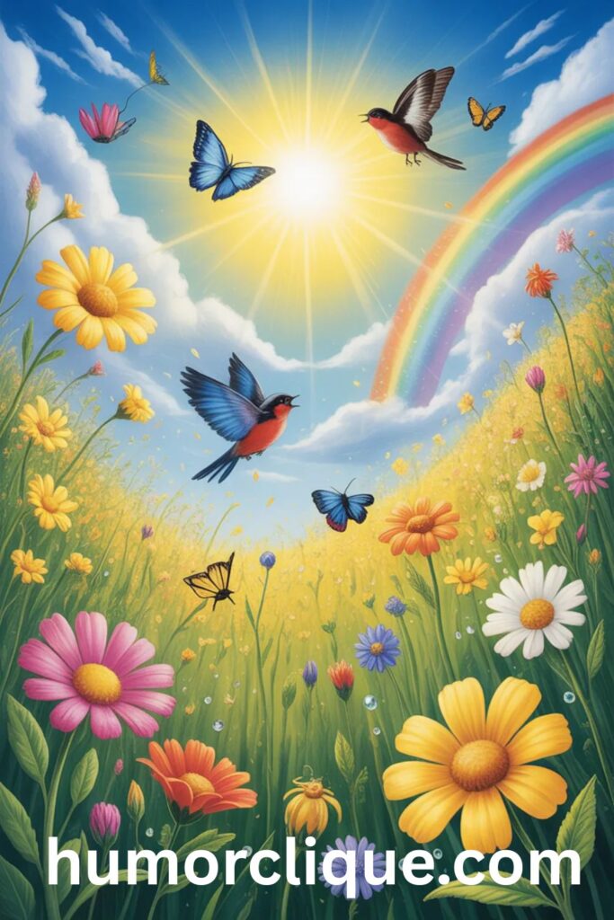 "Vibrant cheerful Tuesday morning scene with sunlit meadow full of colorful wildflowers in yellows, oranges, pinks and purples, brilliant blue sky with fluffy clouds, golden sunshine rays, playful butterflies, songbirds in flight, gentle rainbow arc, sparkling dewdrops, energetic joyful atmosphere - inspired by Biblical blessing about joy being strength"