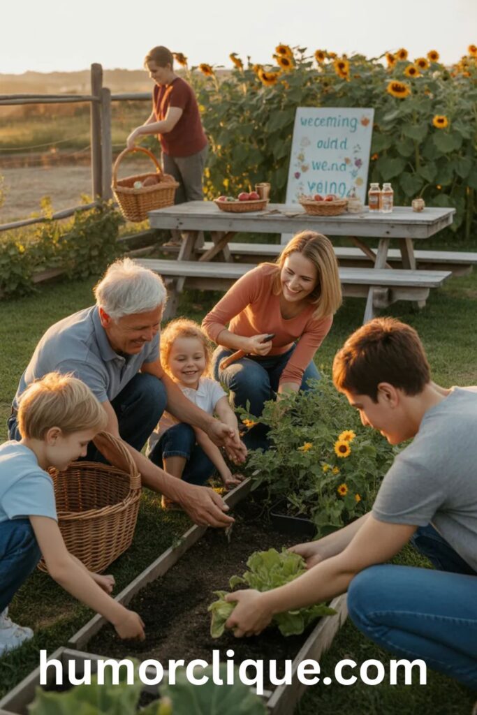 A diverse multigenerational community gathered in a shared garden at golden hour, working together planting and harvesting, with elderly and young sharing tasks, families exchanging fresh vegetables, and genuine connection visible in their smiles and collaborative spirit, symbolizing the blessing of community and family bonds.