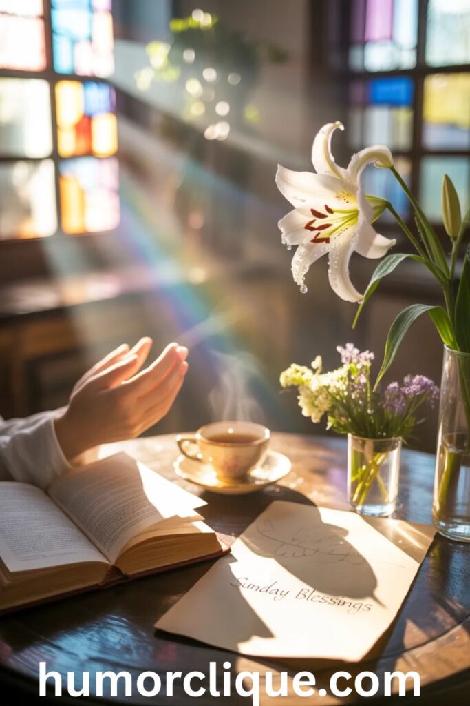 The four core elements of meaningful Sunday blessings shown through faith, gratitude, prayer, and rest in a peaceful Sunday setting.