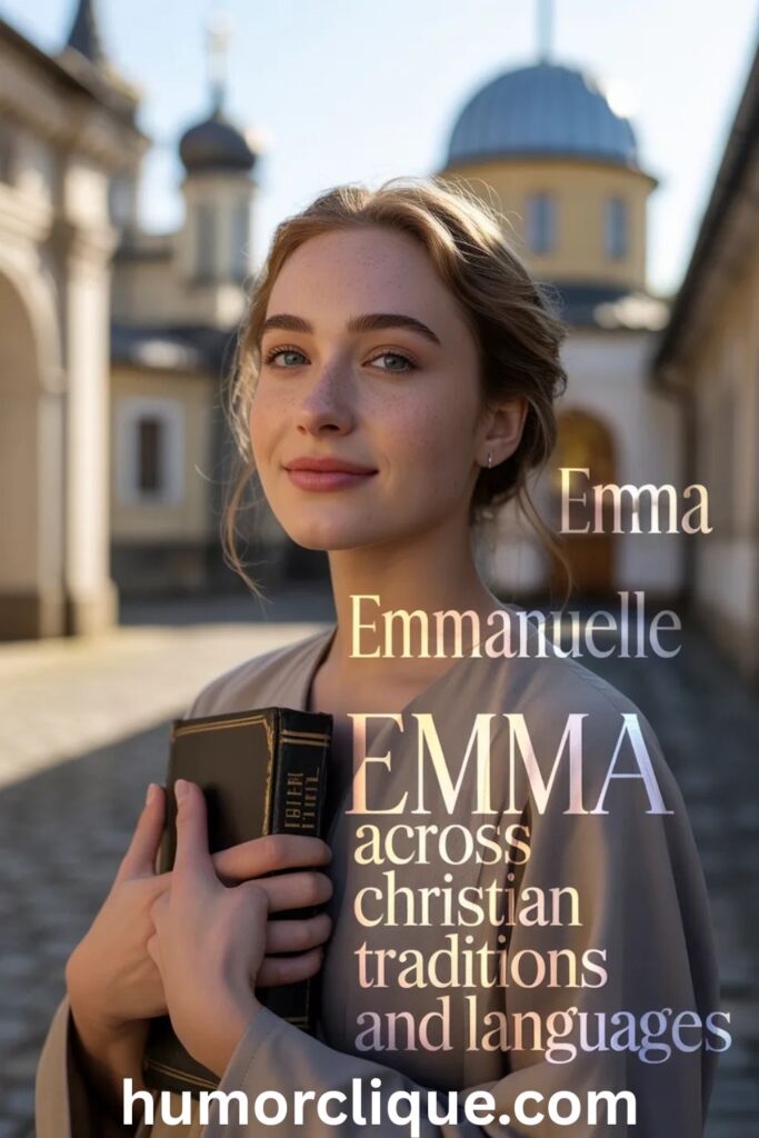 Young Christian woman holding a Bible in golden sunlight with Emma written in multiple languages, representing Emma across Christian traditions and cultures worldwide.