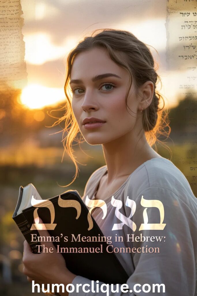 Beautiful young woman holding an open Bible at sunset with glowing Hebrew Immanuel letters, illustrating Emma’s meaning in Hebrew and its connection to God with us.