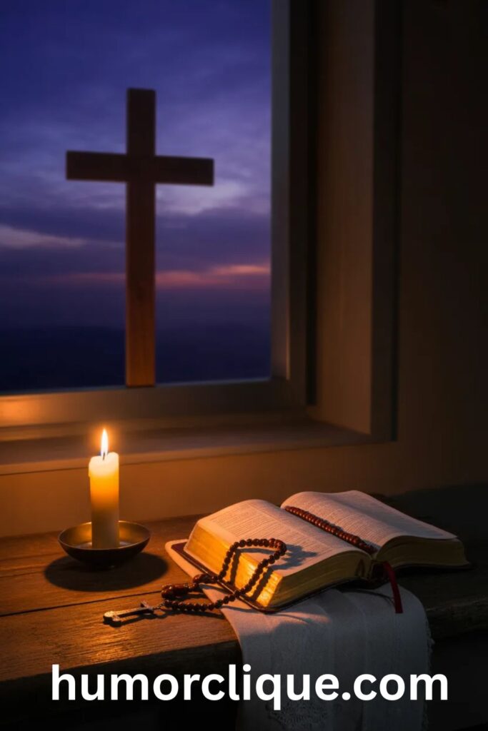 "Contemplative Holy Thursday evening scene with lit candle, wooden cross silhouette, open Bible and rosary beads in candlelight for night prayer and reflection before Good Friday"