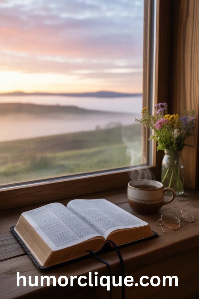 An open Bible on a wooden window sill bathed in soft morning light, accompanied by a steaming cup of tea and reading glasses, with a peaceful misty landscape visible through the window at sunrise, symbolizing quiet faith, devotion, and divine presence in daily life.