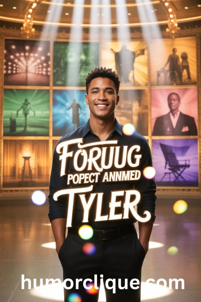 A cinematic ultra-realistic scene of a confident young man named Tyler standing in a golden hall of fame setting surrounded by glowing symbols of music, sports, art, and leadership with colorful rainbow text overlay reading "Famous People Named Tyler — What Their Lives Reveal About the Name" representing the inspiring legacy and character traits of famous Tylers throughout history.
