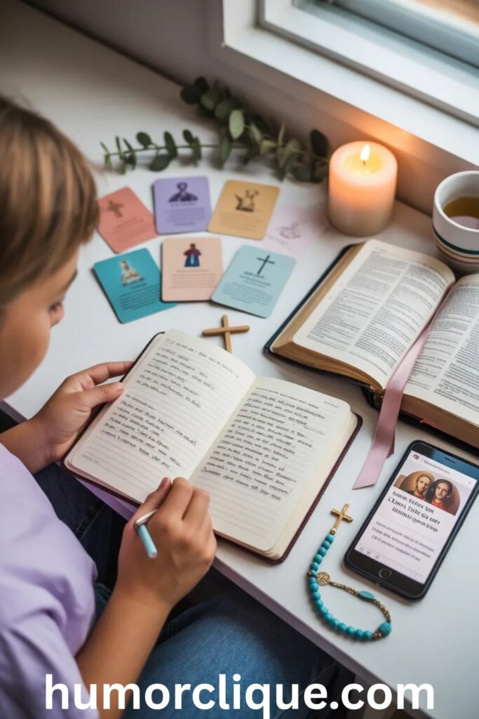"Hands holding journal with saint names list, surrounded by colorful prayer cards, Bible, rosary, candle, and research materials representing the confirmation saint selection process"