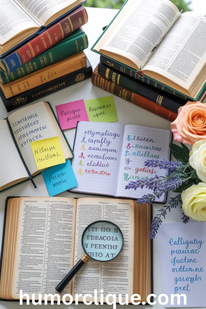 "Overhead view of vintage dictionaries, colorful etymology notes, magnifying glass over ancient text, language books, and handwritten name meanings representing female saint name origins and translations"