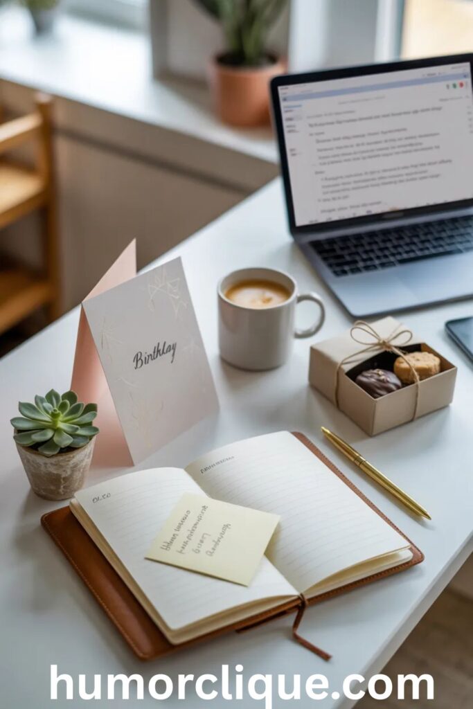 "Clean office desk from above showing an elegant birthday card beside a succulent plant, handwritten note on a planner, coffee mug, gourmet treats, and a quality pen in natural morning light"