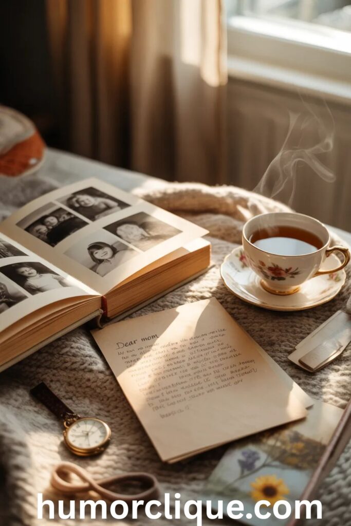 "Open family photo album resting on a knitted blanket with a handwritten letter, steaming teacup, vintage heirlooms, and pressed flowers, bathed in soft afternoon sunlight streaming through sheer curtains"
